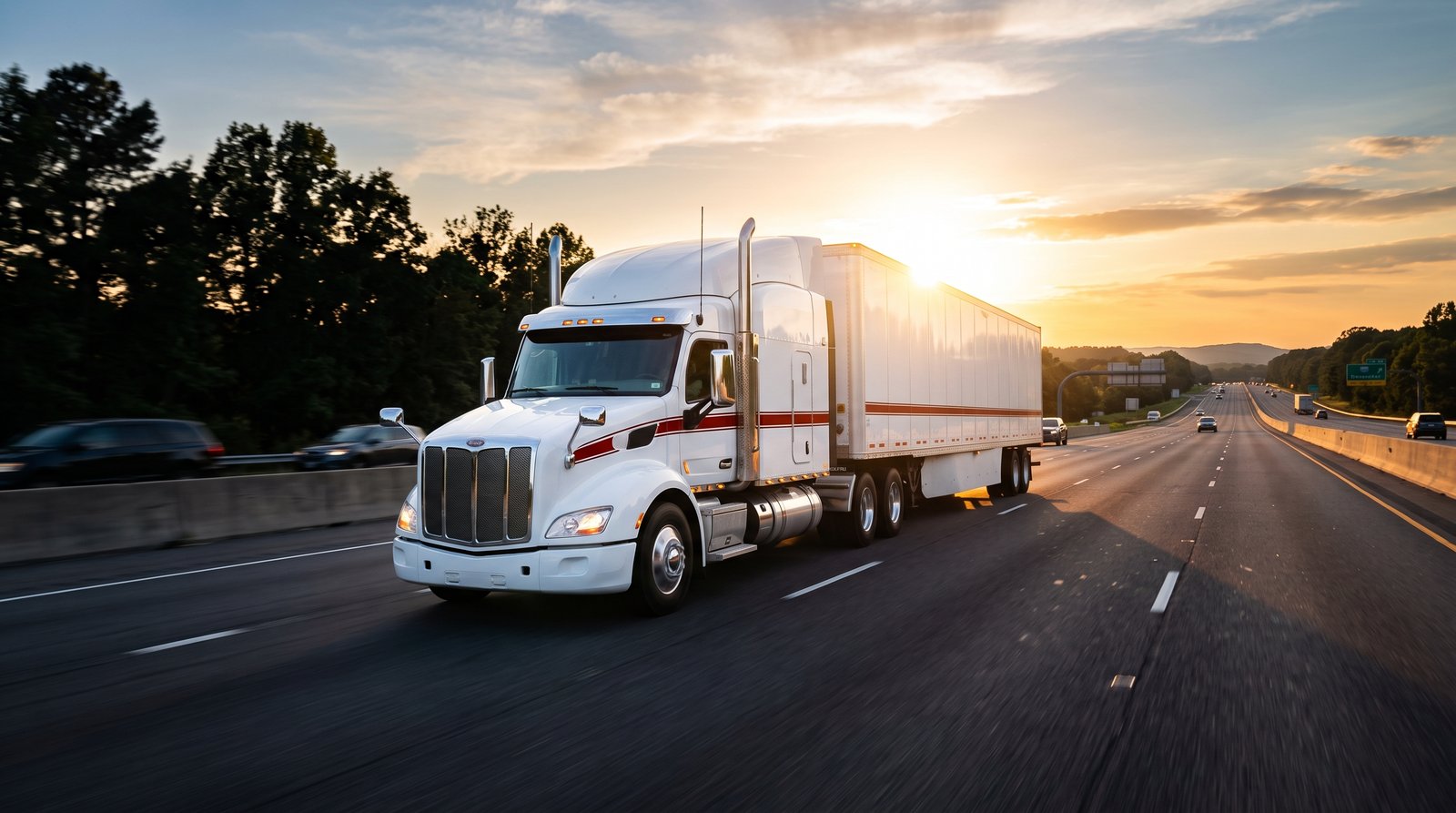 White semi truck driving on a highway at sunset