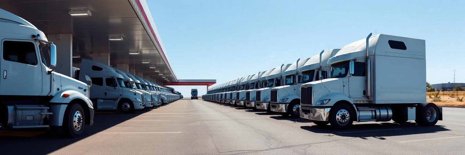 Fleet of white trucks parked in a row