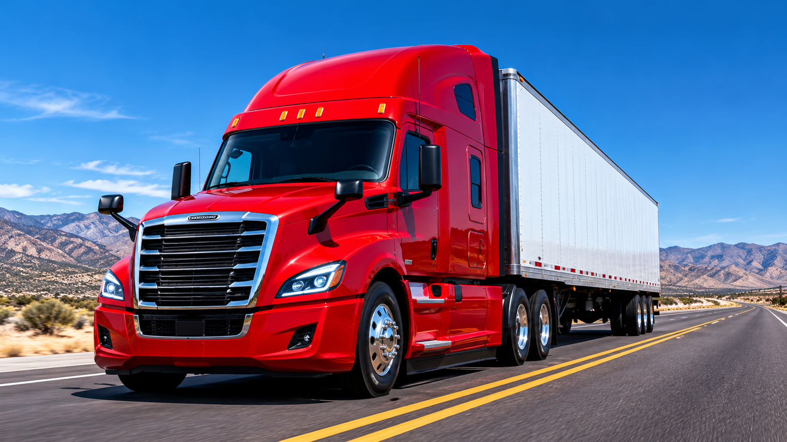 Red semi truck hauling a trailer on an open highway