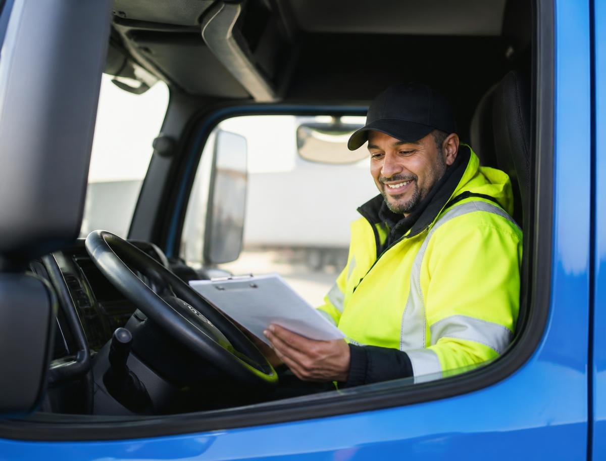 Owner-operator reviewing lease paperwork inside his truck cab