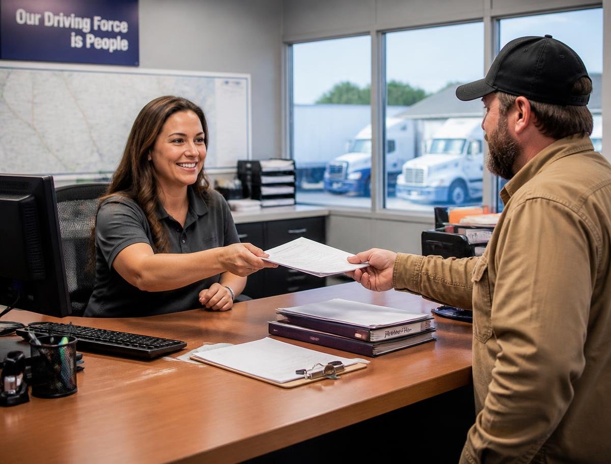 Driver handing onboarding documents to a MAT Dispatch specialist