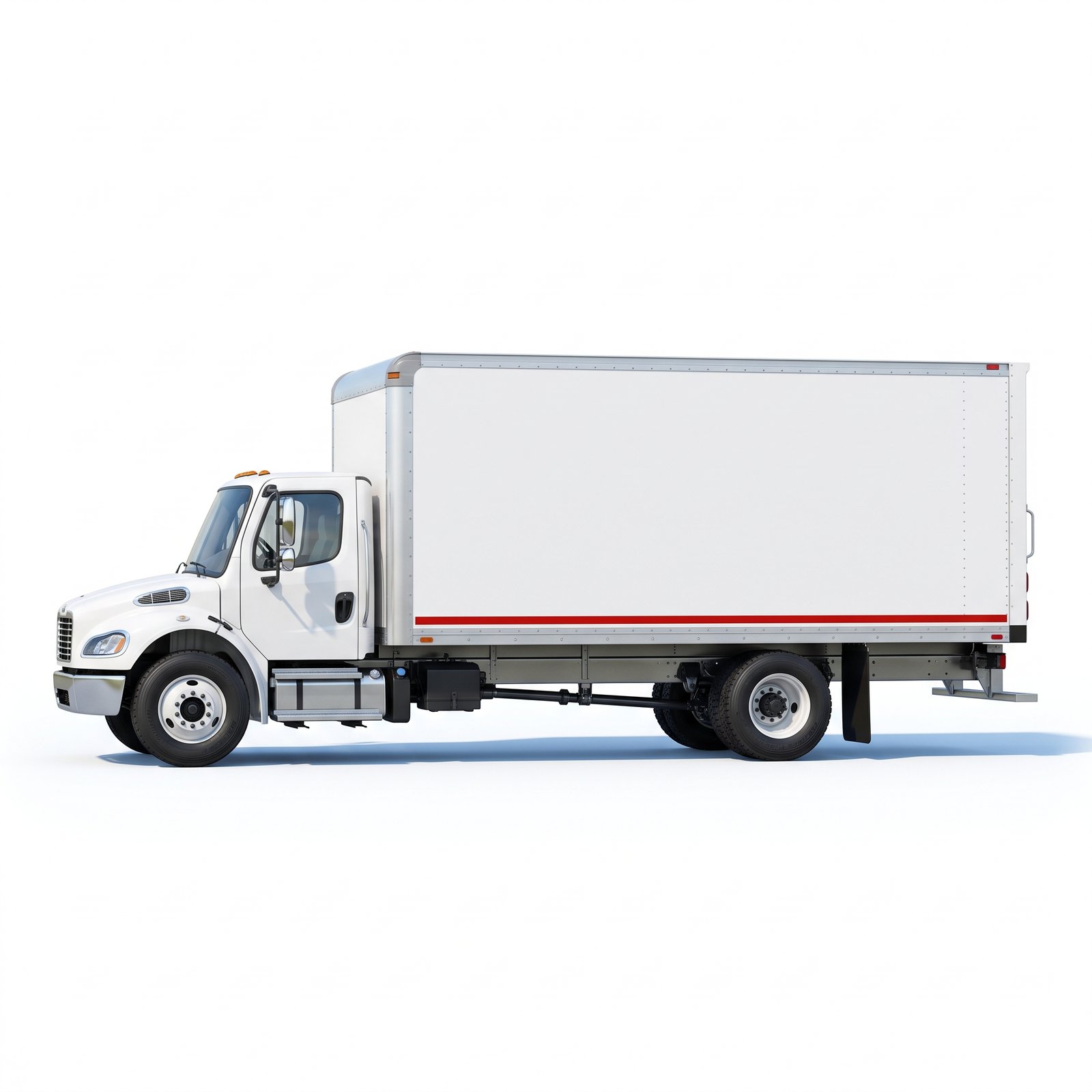 White 26ft box truck at a city loading dock