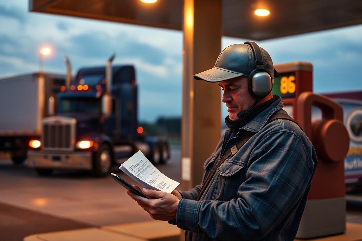 Owner-operator reviewing a fuel receipt at a truck stop fuel island at dawn