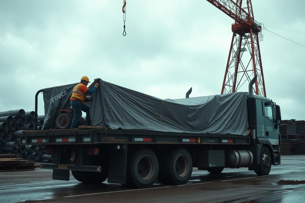 Driver tarping and chaining a flatbed load at a steel yard