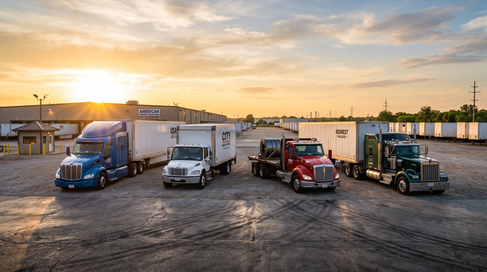 Fleet of trucks parked at a freight yard at sunset